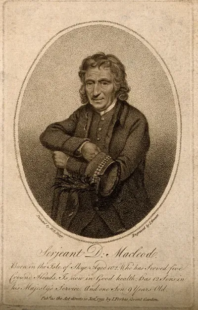 Serjeant D. Macleod, aged 102. Stipple engraving by J. Grozer, 1791, after W.R. Bigg