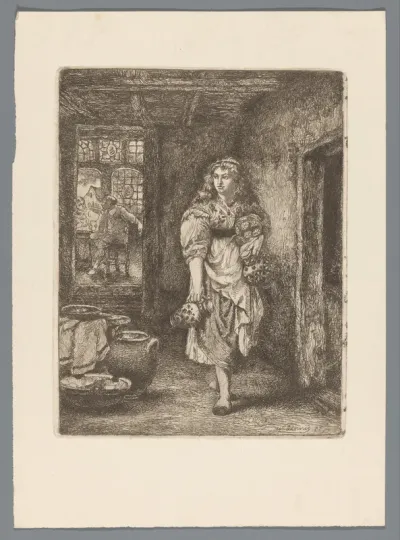 Serveerster met kruiken in een herberg