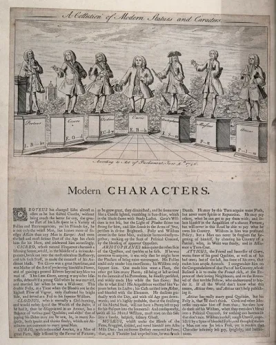 Seven British politicians as statues on plinths inscribed with the names of ancient characters as well as their own names in abbreviation