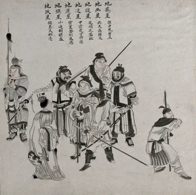 Seven Chinese warrior figures interacting with a figure in civilian clothes