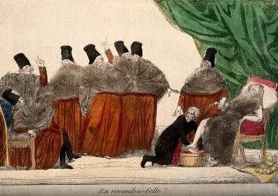 Seven clergymen watch as a physician bathes the feet of a sick, aristocratic lady; suggesting the uncertainty of the clergy faced with the ousting of the aristocracy in France