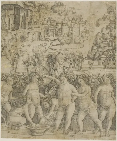 Seven Cupids with Two Rams in a Landscape
