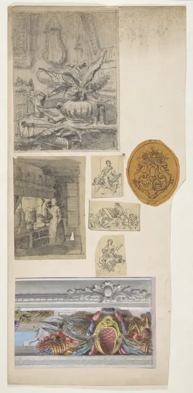 Seven drawings,including four decorative motifs and two scenes of interiors