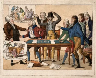 Seven members of the French committee on vaccination rail at Tapp, a health officer who resists the new discovery
