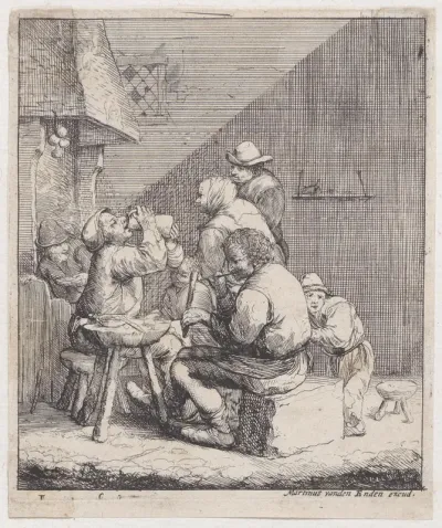 Seven peasants in a rustic interior with a man lighting a pipe