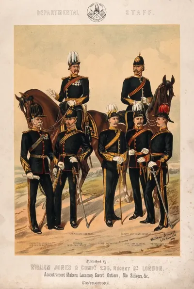 Seven uniformed senior British army staff, two of whom are mounted