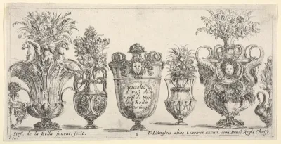 Seven vases, the vase in the middle decorated with the face of Medusa, Plate 1 from "Collection of Various Vases" (Raccolta di Vasi Diversi)