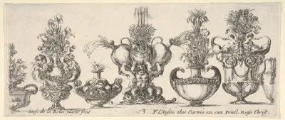 Seven vases, the vase in the middle formed by three infants, each holding an ewer, plate 3 from "Collection of Various Vases" (Raccolta di Vasi Diversi)