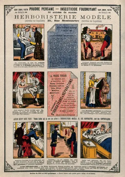 Seven vignettes showing uses of Poudre Persane insecticide