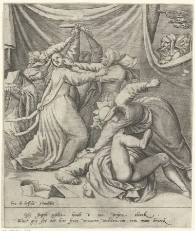 Seven women fighting over a sausage