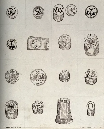 Seventeen different pieces of sealed, precious medicinal earth known as 'terra sigillata'