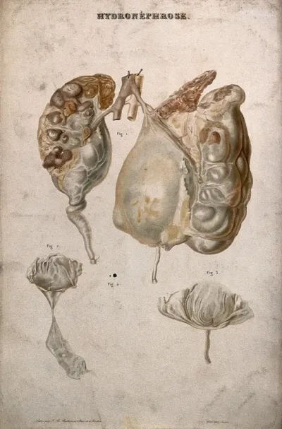 Several examples of a disease of the kidney whereby the accumulation of urine in the kidney pelvic region results in distention and atrophy, numbered for key