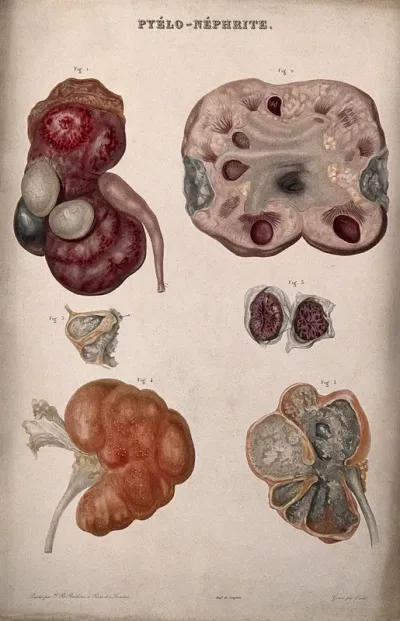 Several examples of diseased kidneys, numbered for key