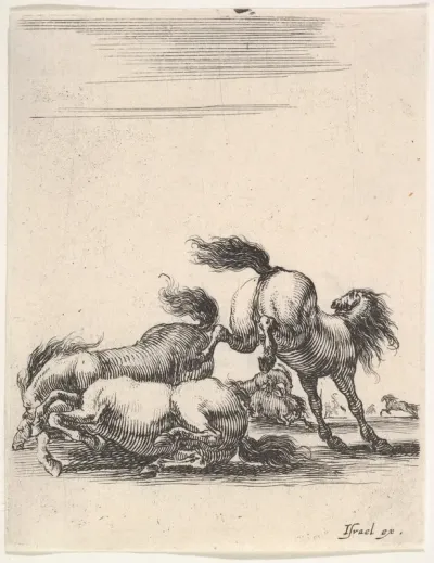 Several horses fighting, one horse to right kicking two horses on the ground below to left, other horses fighting in the background, from "Various cavalry exercises" (Diverses exercices de cavalerie)