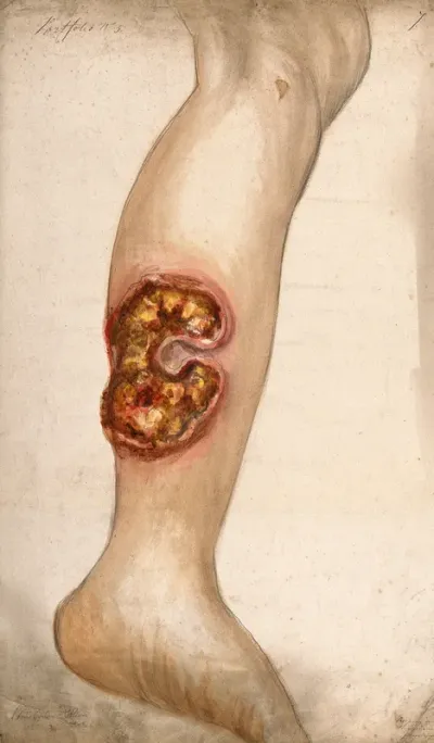 Severely diseased area of tissue of the calf of a woman's leg, showing symptoms of creeping or serpiginous phagedena