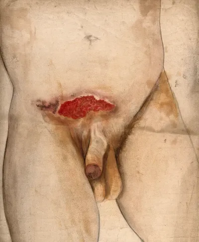 Severely diseased area of tissue on the lower abdomen of a man, with the genitals also shown