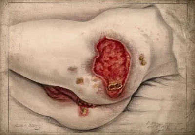 Severely diseased areas of tissue on the buttocks and genitals of a woman