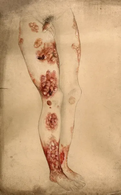 Severely diseased legs and genitals of a man