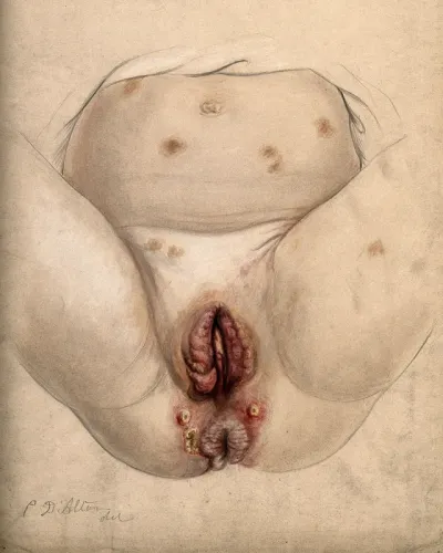 Severely diseased tissue and abcesses around the anus and genital area of a five year old girl suffering from hereditary syphilis, with sores also seen on the thighs and abdomen