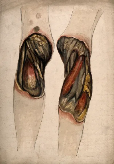 Severely diseased tissue and muscles on the arms (?) of a dead woman