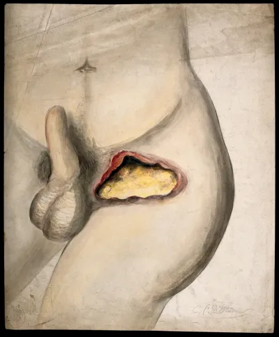 Severely diseased tissue in the groin area of a man