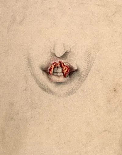 Severely diseased tissue on the upper lip of a woman suffering from tertiary syphilis