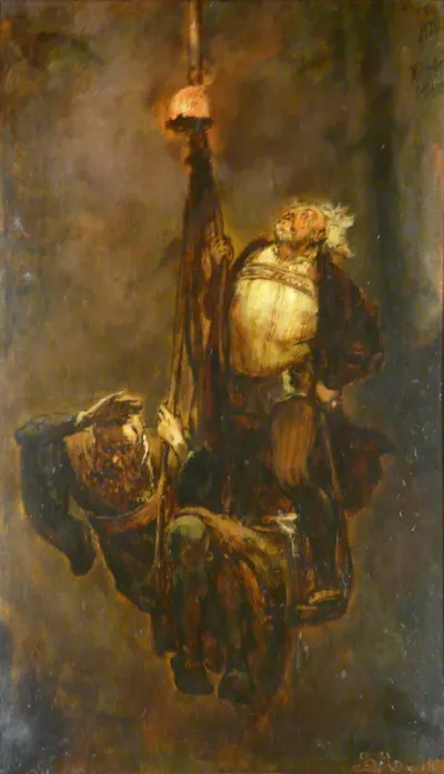 Seweryn Bethman and Saltworks Manager Andrzej Kościelecki descending into the Wieliczka salt mines to extinguish the fire in 1510).