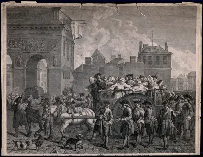 Sex-workers are transported in a cart through the streets of Paris to a hospital for people with sexually transmitted diseases