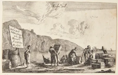 Søfolk på en kaj. Titelblad til "Forskellige havne".