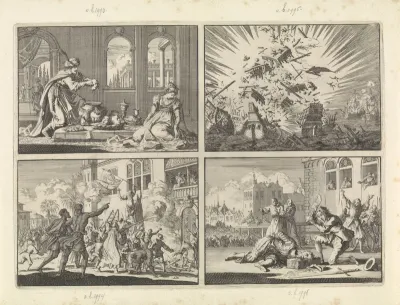 Shah Sefi, keizer van Perzië, toont zijn zuster de drie hoofden van haar door hem gedode kinderen, ca. 1632 / Hollandse schip Walcheren explodeert samen met vijf Portugese schepen, 1631 / Bestorming van het paleis van de onderkoning van Mexico, 1623 