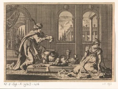Shah Sefi, keizer van Perzië, toont zijn zuster de drie hoofden van haar door hem gedode kinderen, ca. 1632