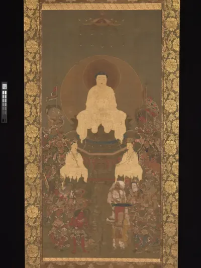 Shaka (Shakyamuni), the Historical Buddha, with Two Attendant Bodhisattvas and Sixteen Benevolent Deities