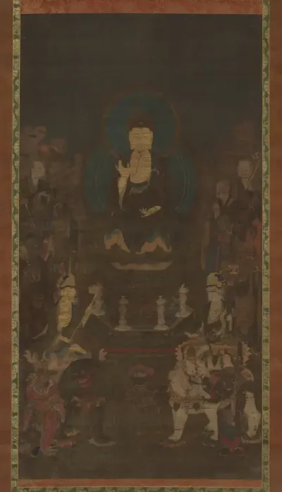 Shaka (Shakyamuni), the Historical Buddha, with Two Attendant Bodhisattvas and the Ten Great Disciples