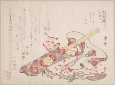 Shakuhachi, (a kind of bamboo flute), with Its Cover and Cherry Flowers