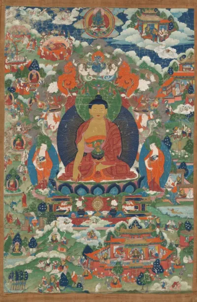 Shakyamuni Buddha with scenes from his life story