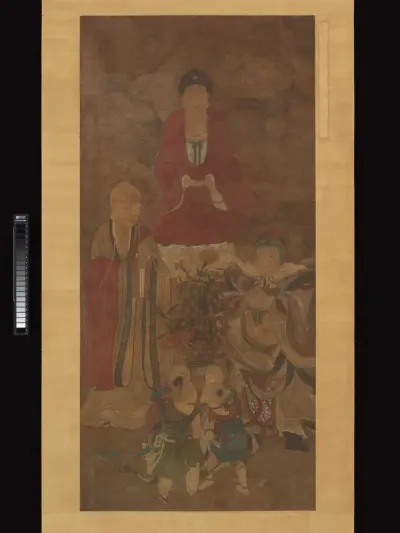 Shakyamuni with luohan, heavenly king, and boys