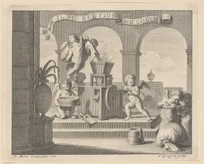 She gathers the fairest flower (Il più bel fior ne coglie), a group of six putti working together in an arched workshop