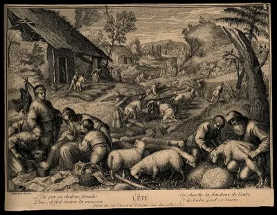 Sheep are sheared and wheat is reaped; representing summer