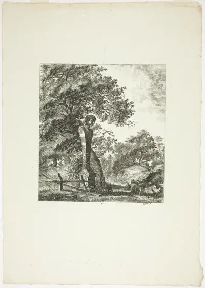 Sheep by a Statue of Pan, plate five from Paysages Dédiés à M. Warelet