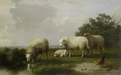 Sheep grazing on a riverbank