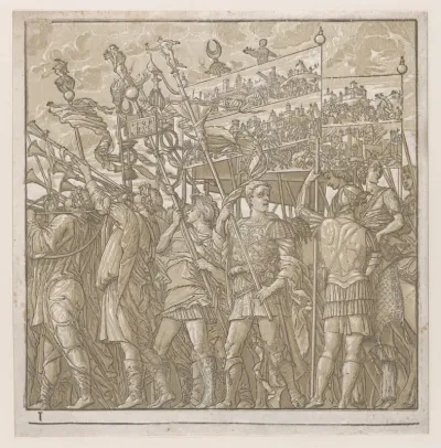 Sheet 1: Soldiers carrying banners depicting Julius Caesar's triumphant military exploits, from "The Triumph of Julius Caesar"