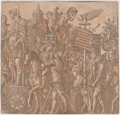 Sheet 2: A figure on a triumphal chariot surrounded by figures on horseback, from "The Triumph of Julius Caesar"