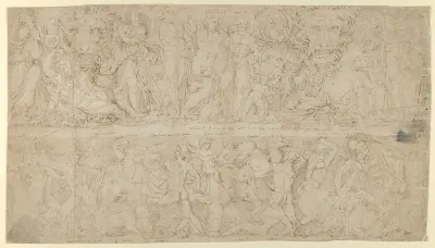 Sheet after Roman relief decorations from objects in the Collection of Cardinal Bruto della Valle: Friezes from Roman Sarcophagi with Dyonisus (verso); Marble Funerary Relief of Lucius Antistius Sarculo and his wife Antistia Plutia (recto)