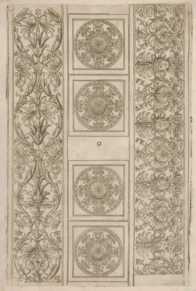 Sheet of border segments: vertical floral ornament, horizontal frieze, four corners