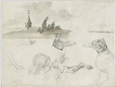 Sheet of Sketches: Greyhounds; A Male and a Female Head in
