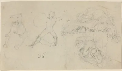 Sheet of Sketches, including Two Warriors Fighting