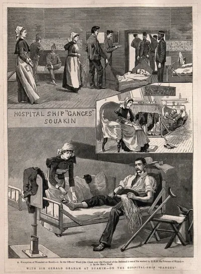 Sheet of sketches showing the interior of the hospital ship the "Ganges", Sudan: with numbered key