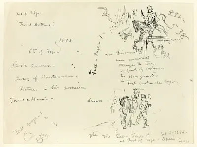 Sheet of Sketches: Soldier on Horseback and Soldier with Sabre Conduting Prisoner (recto); Sheet of Sketches (verso)