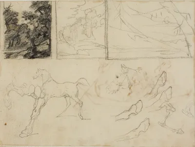 Sheet of Sketches: three Landscapes, Horses, and Hooves