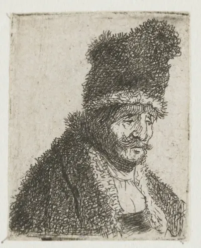 Sheet of studies of men's head: old man in fur coat and high cap